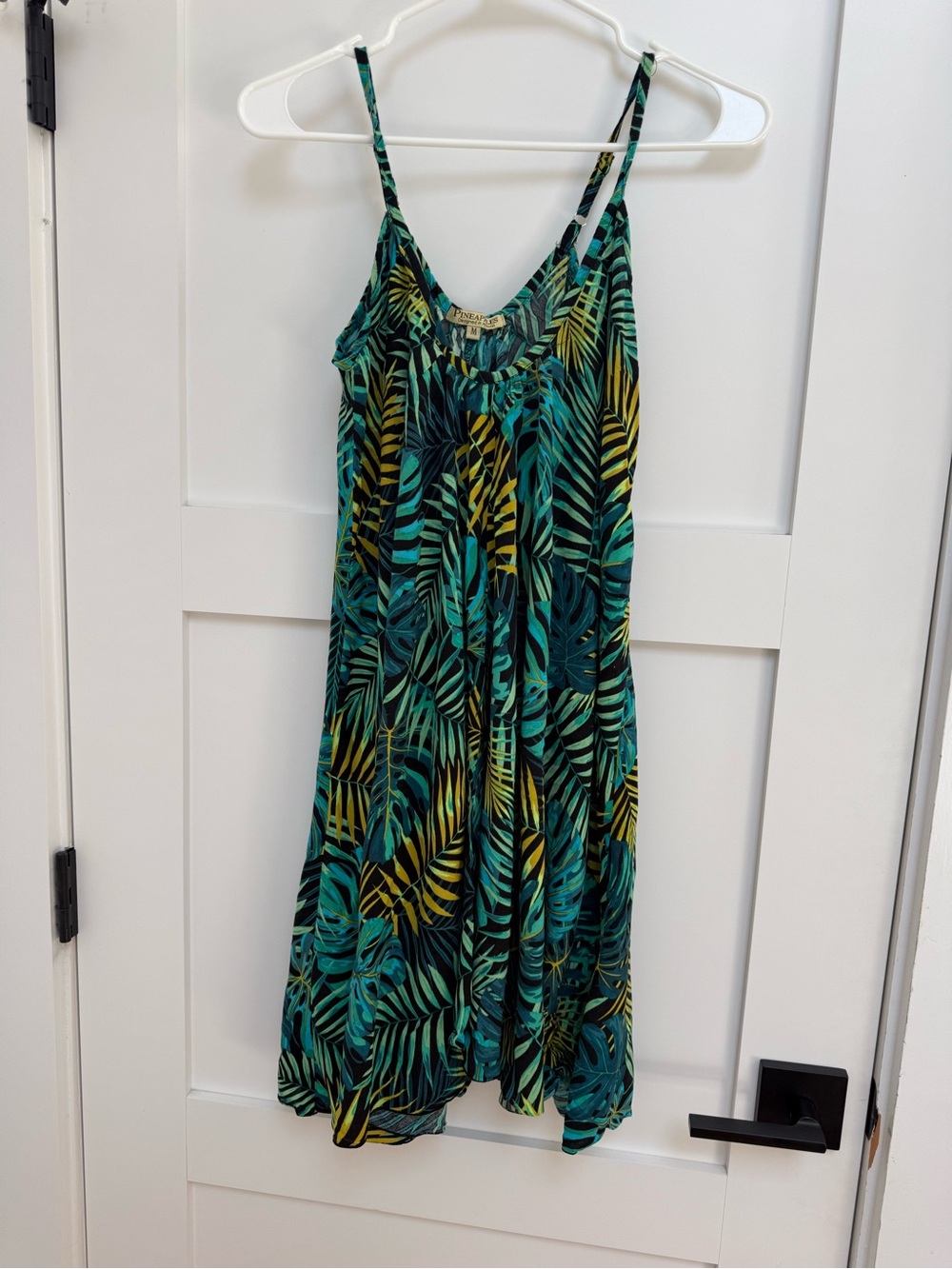 Tropical Leaf Spaghetti-Strap Swim Coverup - Teal & Yellow size M